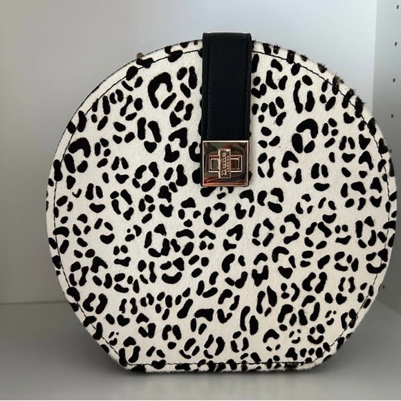Leopard Print Round Hairon Sling Bag Leopard Print Round Handbag with Gold Accents